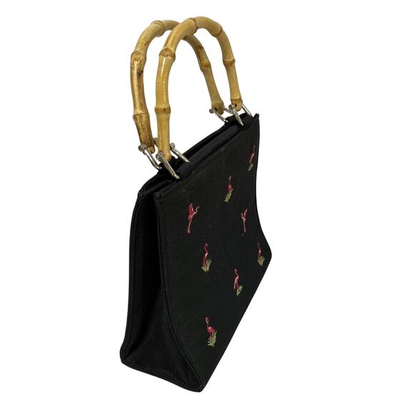 Vintage Pink Flamingo Evening Bag Purse Bamboo Double Top Handles Satin Novelty - Picture 2 of 8